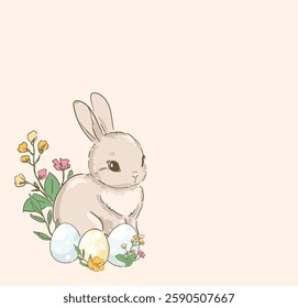 Hand Drawn Cute Bunny and easter eggs vector sstkEaster