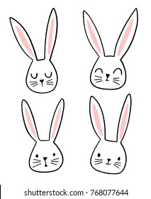 Hand Drawn Cute Bunny Faces With Different Emotions And Expressions. Doodle Rabbit Illustration.