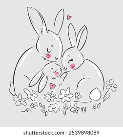 Hand Drawn Cute Bunny family. Print design rabbit Vector