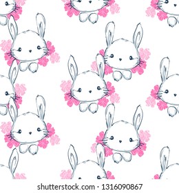 Hand Drawn Cute Bunny and flowers Pattern, print design rabbit background, children print textile design