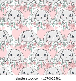 Hand Drawn Cute Bunny and flowers Pattern, print design rabbit background, children print textile design