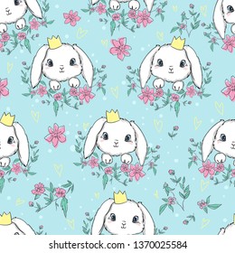 Hand Drawn Cute Bunny and flowers Pattern, print design rabbit background, children print textile design