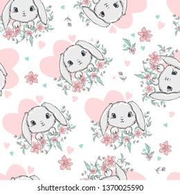 Hand Drawn Cute Bunny and flowers Pattern, print design rabbit background, children print textile design