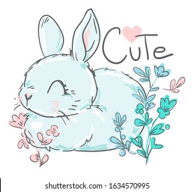 Hand drawn cute bunny and flowers. Vector illustration. Rabbit.