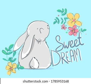 Hand Drawn Cute Bunny and flowers. Print design rabbit. Children Print on t-shirt. Vector