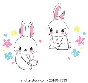 Hand Drawn Cute Bunny and flowers on the white background. Print design rabbit. Children Print on t-shirt. Vector illustration
