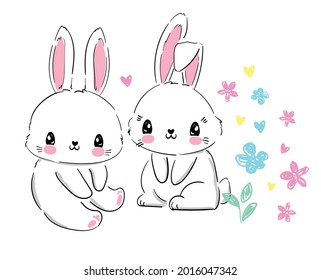 Hand Drawn Cute Bunny and flowers on the white background. Print design rabbit. Children Print on t-shirt. Vector illustration