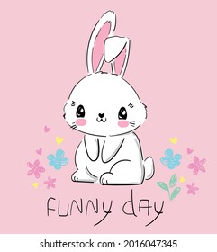 Hand Drawn Cute Bunny and flowers on a pink background. Print design rabbit. Children Print on t-shirt. Funny day letters Vector illustration