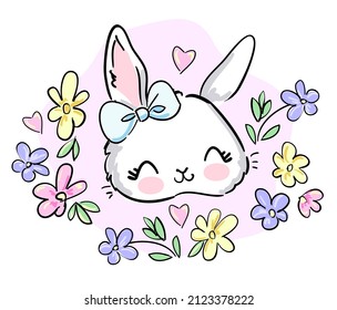 Hand drawn Cute Bunny and flowers vector illustration. print design rabbit, children print on t-shirt.