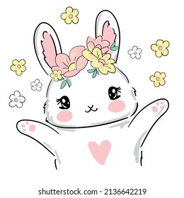 Hand drawn Cute Bunny   flowers vector illustration  print design rabbit  children print t  shirt 