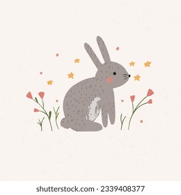 Hand drawn Cute Bunny and flowers vector illustration. Print design rabbit, children print on card,  t-shirt.