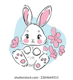 Hand Drawn Cute Bunny and flowers, print design rabbit, children print on t-shirt