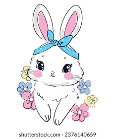 Hand drawn Cute Bunny and flowers vector illustration print design rabbit, children print on t-shirt