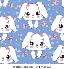 Hand Drawn Cute Bunny and flowers seamless pattern vector illustration, Rabbits background