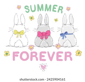 Hand drawn cute bunny and flowers, summer forever kids print design, vector illustration