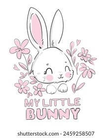 Hand Drawn Cute Bunny and flowers vector, design rabbit, kids print 