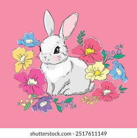 Hand Drawn Cute Bunny and flowers, kids print design rabbit. Vector