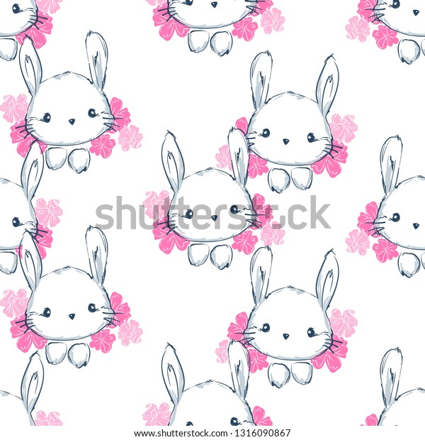 Hand Drawn Cute Bunny Flowers Pattern Stock Vector (Royalty Free ...