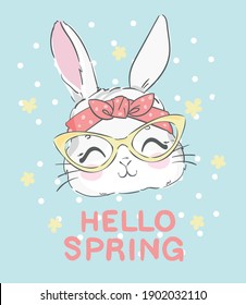 Hand Drawn Cute Bunny with glasses and a bow with flowers and lettering hello spring, Rabbit vector illustration, children print design.