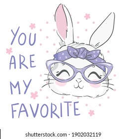 Conejo de Mano Dibujado Cute Bunny con gafas y un arco con flores y letras, Ilustración vector conejo. diseño de impresión infantil