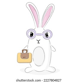 Hand drawn cute bunny with glasses and briefcase, rabbit vector illustration kids print design isolated on white