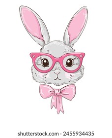 Hand Drawn Cute Bunny with glasses and a bow, Rabbit vector illustration children print design