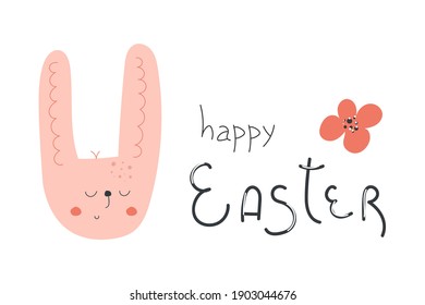 Hand drawn cute bunny head, flower and with text Happy Easter. Greeting card concept.