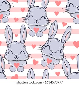 Hand Drawn Cute Bunny and Heart Pattern, print design rabbit background, children print textile design