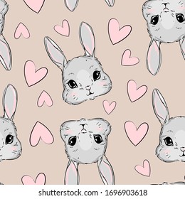 Hand Drawn Cute Bunny and heart Pattern, print design rabbit background, children print textile design