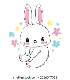 Hand Drawn Cute Bunny and heart on a pink background. Print design rabbit. Children Print on t-shirt. Vector illustration