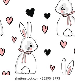 Hand Drawn Cute Bunny and Heart background vector seamless, Little Rabbit pattern Kids print.