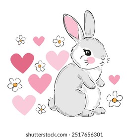 Hand Drawn Cute Bunny and hearts vector, print design