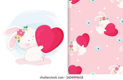 Hand drawn cute bunny holding big heart with seamless pattern set