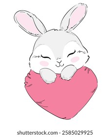 Hand Drawn Cute Bunny Holding a Heart Vector Love