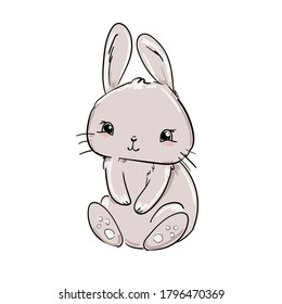 Hand Drawn Cute Bunny isolated on white background. Print design rabbit. Children Print on t-shirt. Vector Print