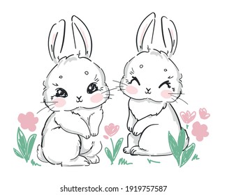 Hand Drawn Cute Bunny isolated on white background. Print design rabbit. Children Print on t-shirt.