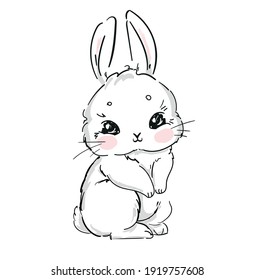 Hand Drawn Cute Bunny isolated on white background. Print design rabbit. Children Print on t-shirt.