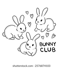 Hand Drawn Cute Bunny isolated on white background. Print design rabbit. Kids Print on t-shirt. Vector