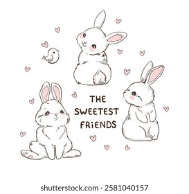 Hand Drawn Cute Bunny isolated on white background. Print design rabbit. Kids Print on t-shirt. Vector