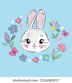 Hand Drawn Cute Bunny, kids print design rabbit. Vector