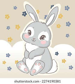 Hand drawn Cute Bunny and little flowers vector illustration