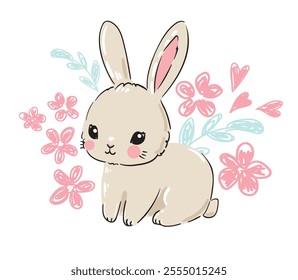 Hand Drawn Cute Bunny on white background. Print design rabbit. Children Print on t-shirt. Vector