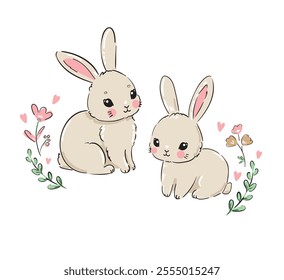 Hand Drawn Cute Bunny on white background. Print design rabbit. Children Print on t-shirt. Vector