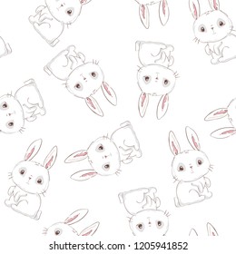 Hand Drawn Cute Bunny Pattern, print design rabbit background, children print textile design