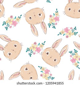 Hand Drawn Cute Bunny Pattern, print design rabbit background, children print textile design