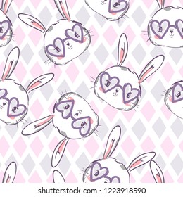 Hand Drawn Cute Bunny Pattern, print design rabbit background, children print textile design.