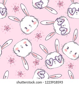 Hand Drawn Cute Bunny Pattern, print design rabbit background, children print textile design.