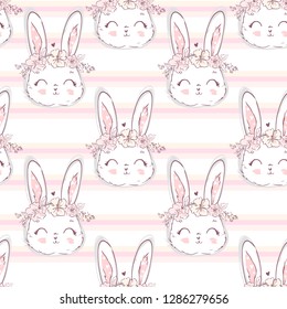  Hand Drawn Cute Bunny Pattern, print design rabbit background, children print textile design 