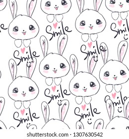 Hand Drawn Cute Bunny Pattern, print design rabbit background, children print textile design