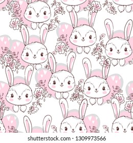 Hand Drawn Cute Bunny Pattern, print design rabbit background, children print textile design